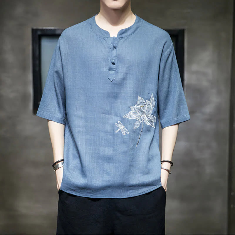 Buddha Stones Summer Embroidered Lotus Dragonfly Pattern Chinese Frog-Button Men's Short Sleeve T-shirt