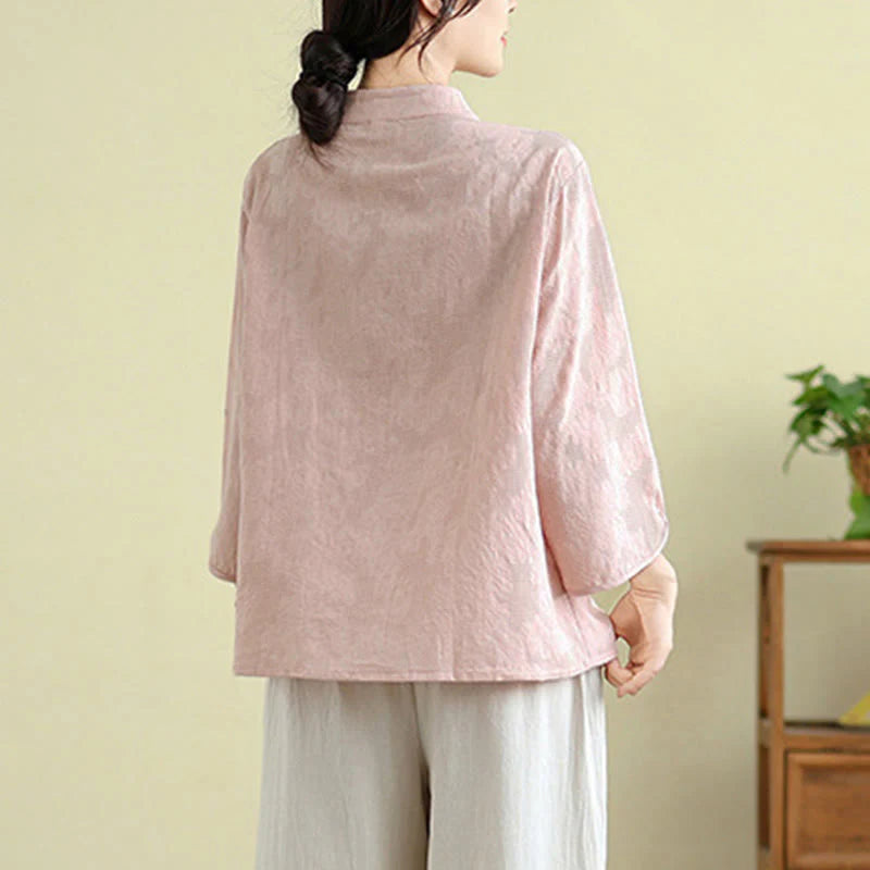 Buddha Stones Flower Embroidery Jacquard Three Quarter Sleeve Frog-Button Cotton Women's Shirt