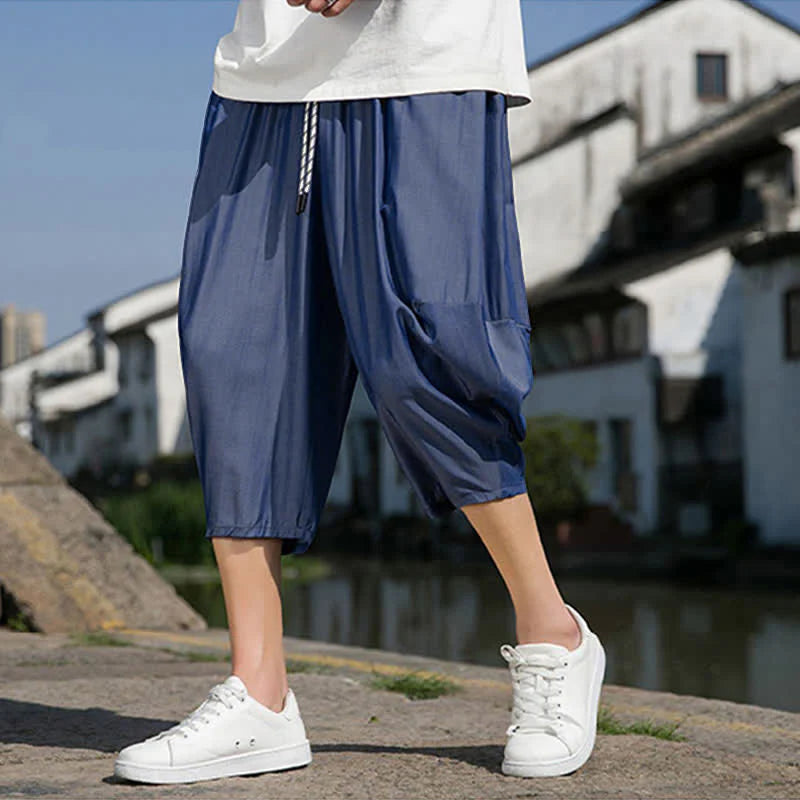 Buddha Stones Summer Elastic Waist Drawstring Solid Color Half Men's Tapered Pants With Pockets