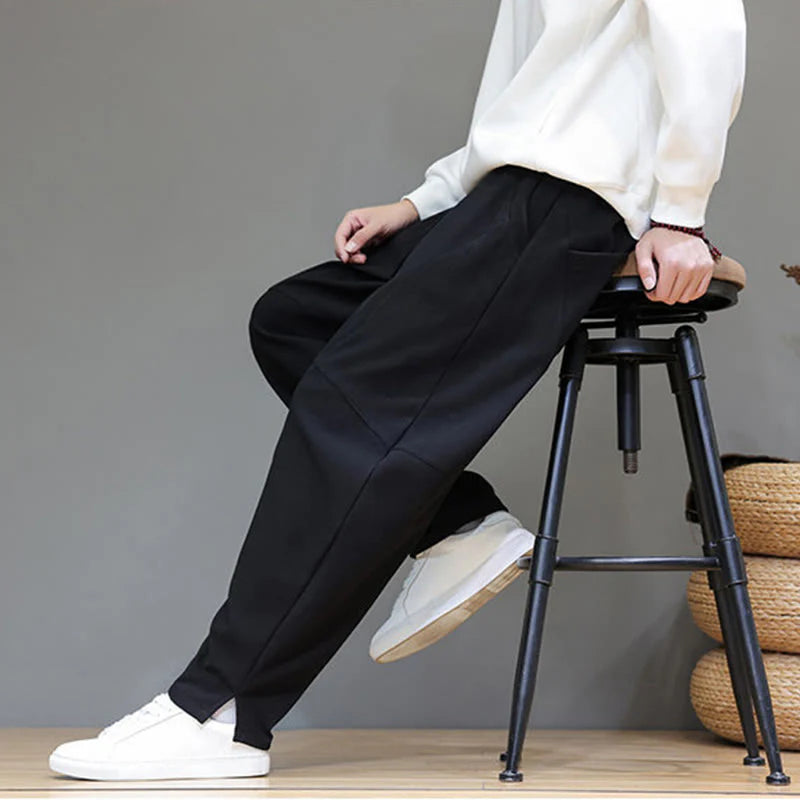 Buddha Stones Winter Solid Color Fleece-lined Men's Cotton Linen Pants With Pockets