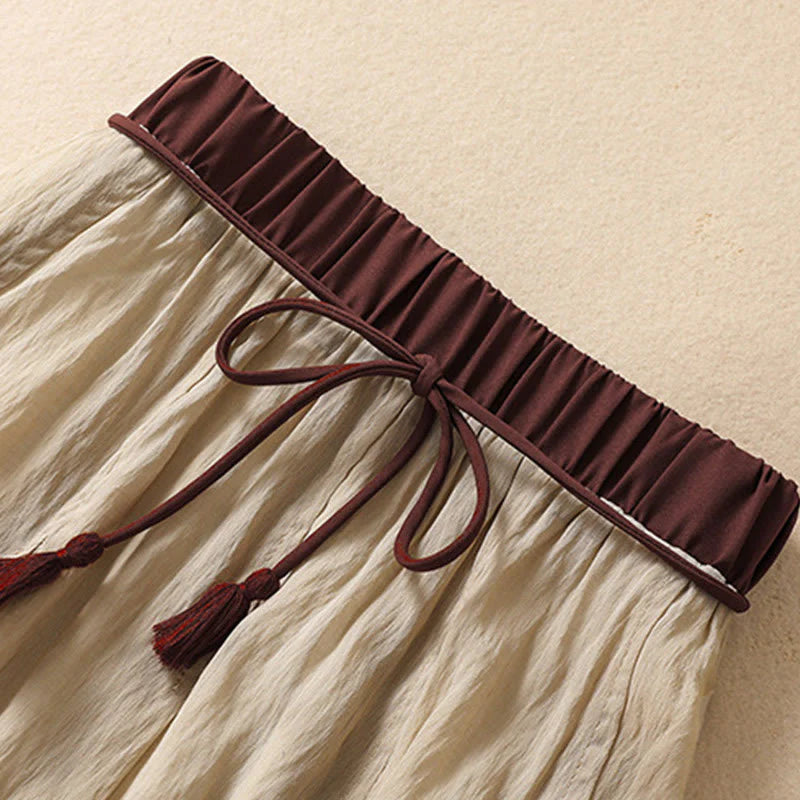 Buddha Stones Casual Contrasting Color Pleated Lace-Up Design Women's Cotton Linen 7-8 Length Skirt