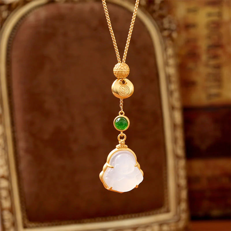Buddha Stones Fu Character Laughing Buddha Chalcedony Copper Fortune Necklace Pendant