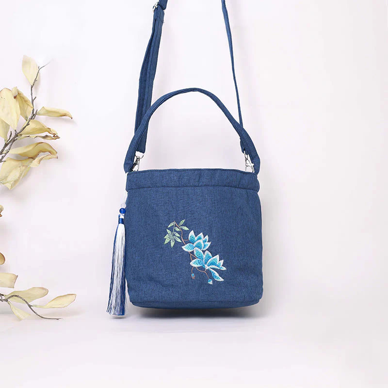 Buddha Stones Embroidery Wisteria Plum Lotus Cherry Blossom Cotton Linen Canvas Tote Crossbody Bag Shoulder Bag Handbag