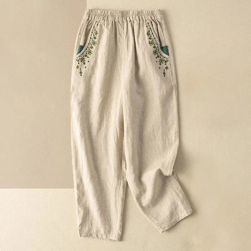 Buddha Stones Vintage Embroidery Elastic Waist Capri Harem Pants With Pockets