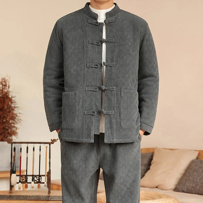 Buddha Stones 2Pcs Winter Solid Men's Tang Suit Frog-Button Cotton Long Sleeve Jacket Pants Set With Pockets