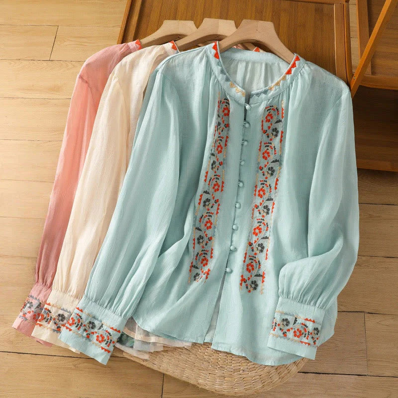 Buddha Stones Vintage Embroidery Single Row Multi-Button Placket Design Women's Cotton Linen Long Lantern Sleeve Shirt