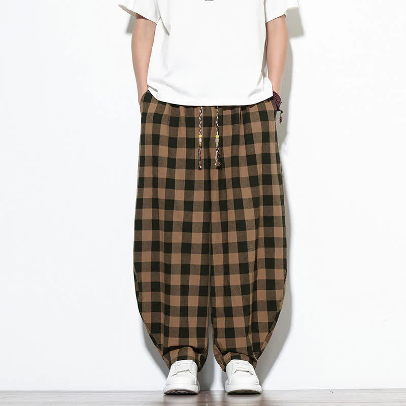 Buddha Stones Summer Plaid Pattern High Waist Drawstring Men's Harem Pants With Pockets