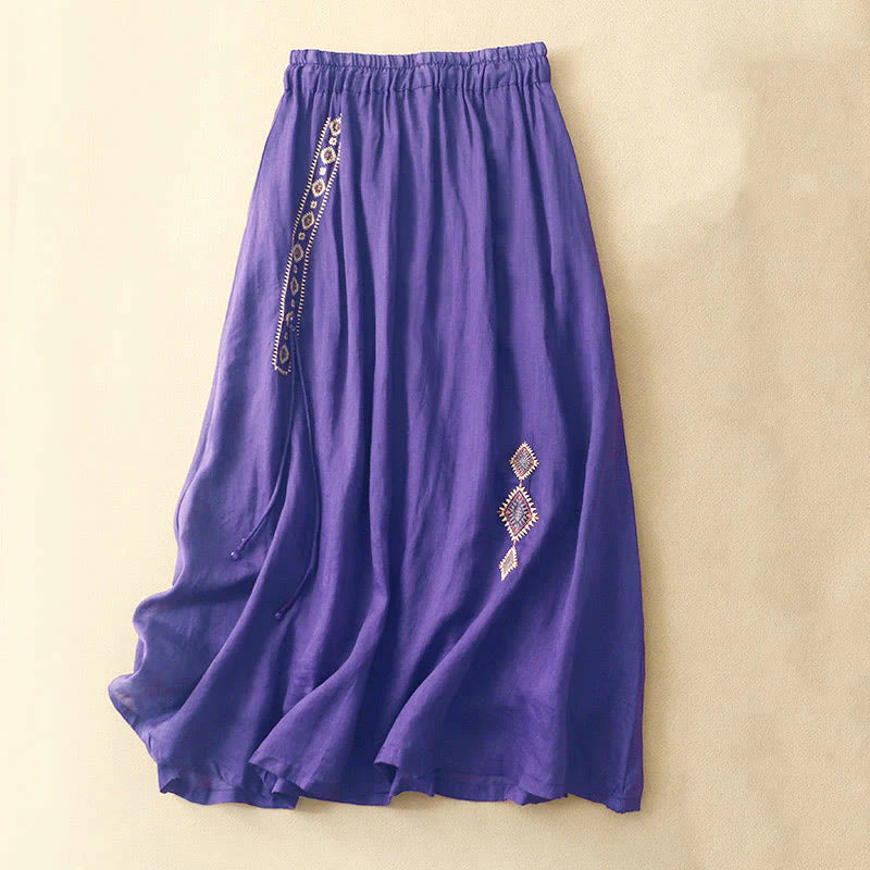 Buddha Stones Ethnic Vintage Embroidery Button Design Women's Cotton Linen 7-8 Length Skirt