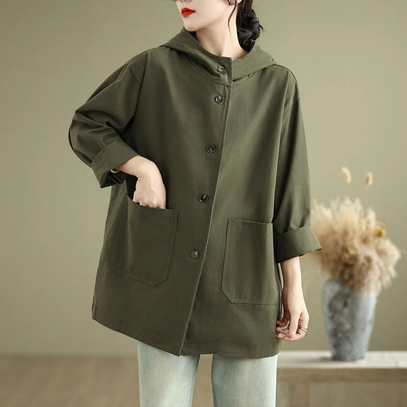 Buddha Stones Fall Vintage Hoodie Women's Cotton Linen Jacket With Front Pockets