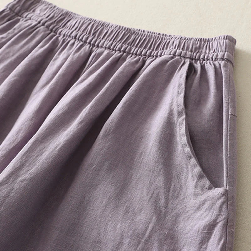 Buddha Stones Summer Daily Solid Color Elastic Waistband Design Women's Wide Leg Cotton Linen Pants With Pockets