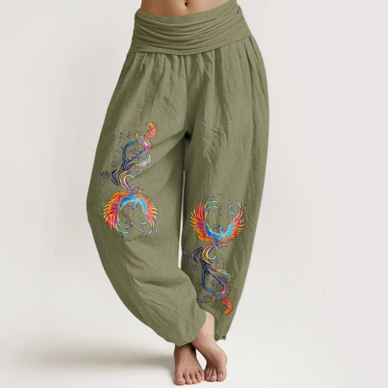 Buddha Stones Pure Cotton Gorgeous Phoenix Pattern Women's Elastic Waist Harem Pants
