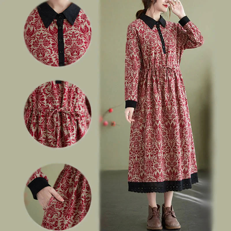 Buddha Stones Ethnic Printed Drawstring Long Sleeve Cotton Midi Dress With Pockets