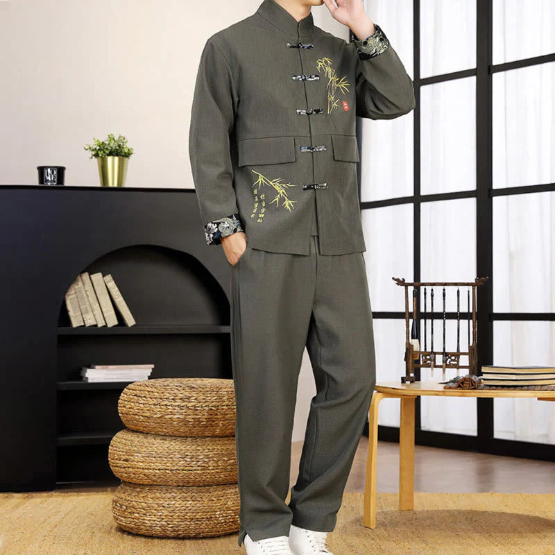 Buddha Stones 2Pcs Tang Suit Bamboo Frog-Button Men's Long Sleeve Shirt Pants Clothing Set