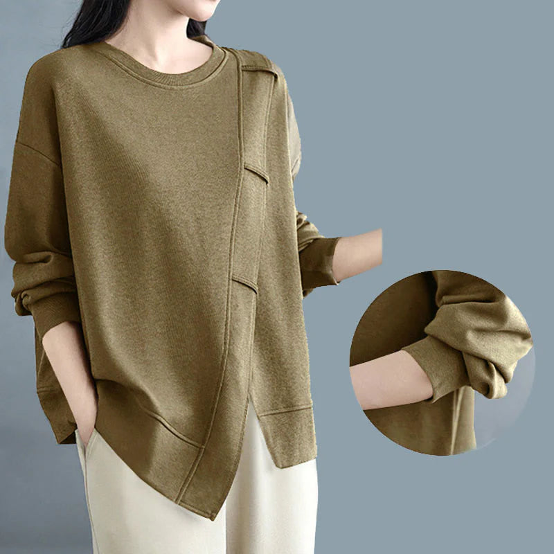 Buddha Stones Fall Solid Color Asymmetrical Design Crew Neck Long Sleeve Women's Cotton Sweatshirt