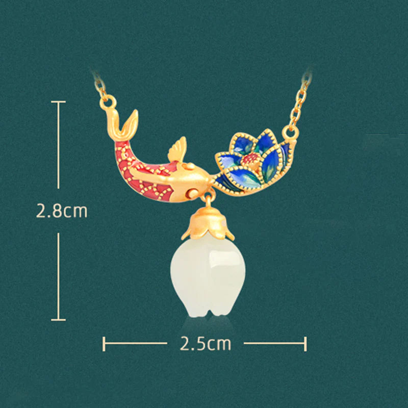 Buddha Stones White Jade Koi Fish Lotus Copper Protection Necklace Pendant