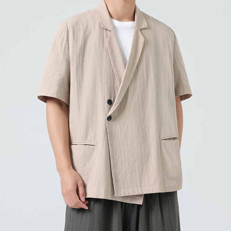 Buddha Stones Spring Plain Asymmetrical Lapel Collar Short Sleeve Men's Cotton Linen Shirt With Pockets