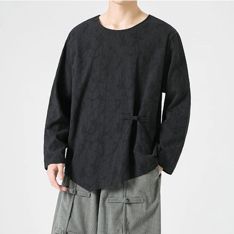 Buddha Stones Men's Chinese Frog-Button Plain Design Cotton Long Sleeve T-Shirt Zen Clothing