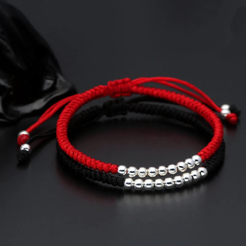 Buddha Stones Retro 925 Sterling Silver Simple Beads Knot Design Luck String Bracelet