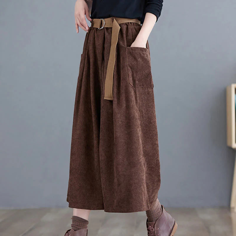 Buddha Stones Retro Women's Wide Leg 7-8 Length Corduroy Pants With Pockets Belt