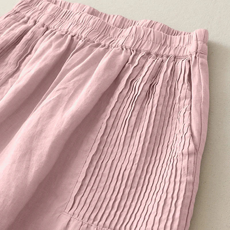 Buddha Stones Casual Plain Tucker Pleats Elastic Women's Polyester Wide Leg Pants With Pockets