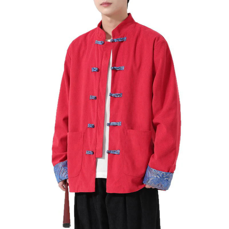 Buddha Stones Floral Design Long Sleeve Men's Cotton Corduroy Tang Suit Jacket With Pockets