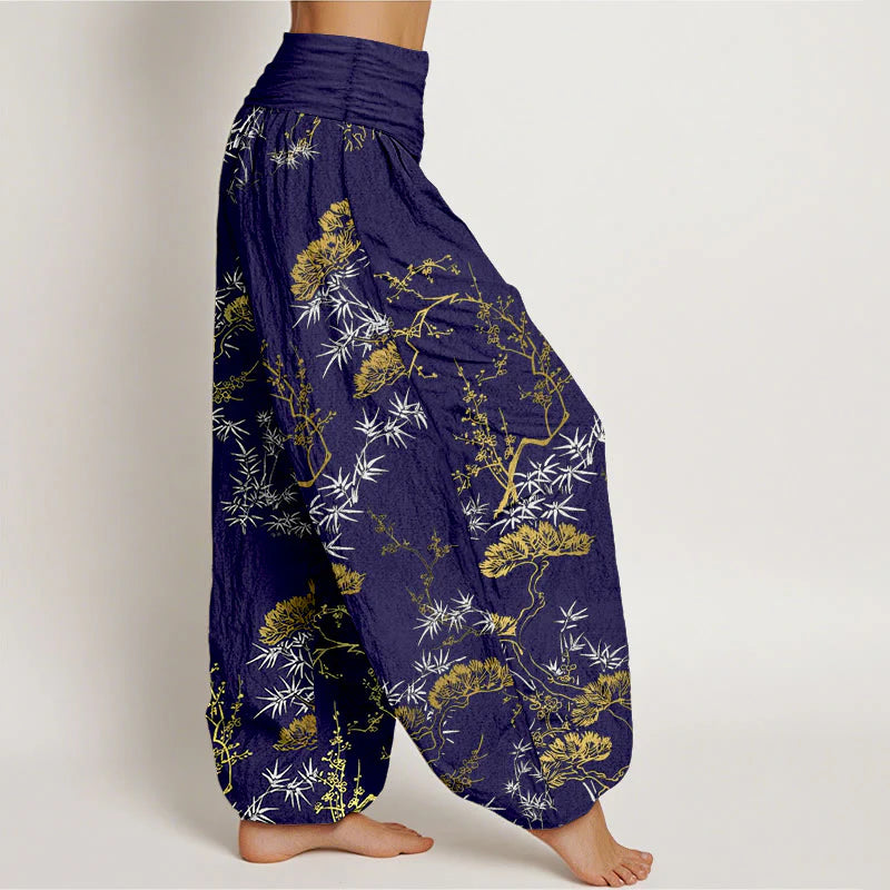 Buddha Stones Pure Cotton Pine Bamboo Plum Pattern Women's Elastic Waist Harem Pants