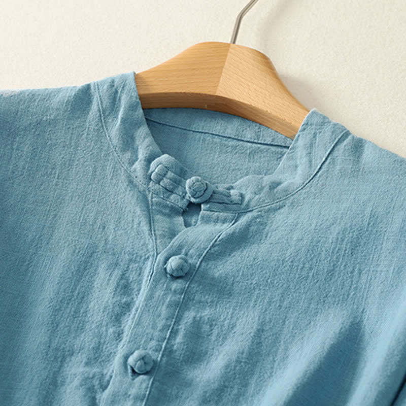 Buddha Stones Summer Stand Collar Buttons Cotton Women's Short Sleeve Shirt
