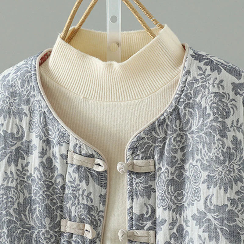 Buddha Stones Women's Peony Flowers Frog-Button Design Long Sleeve Thermal Jacket With Pockets