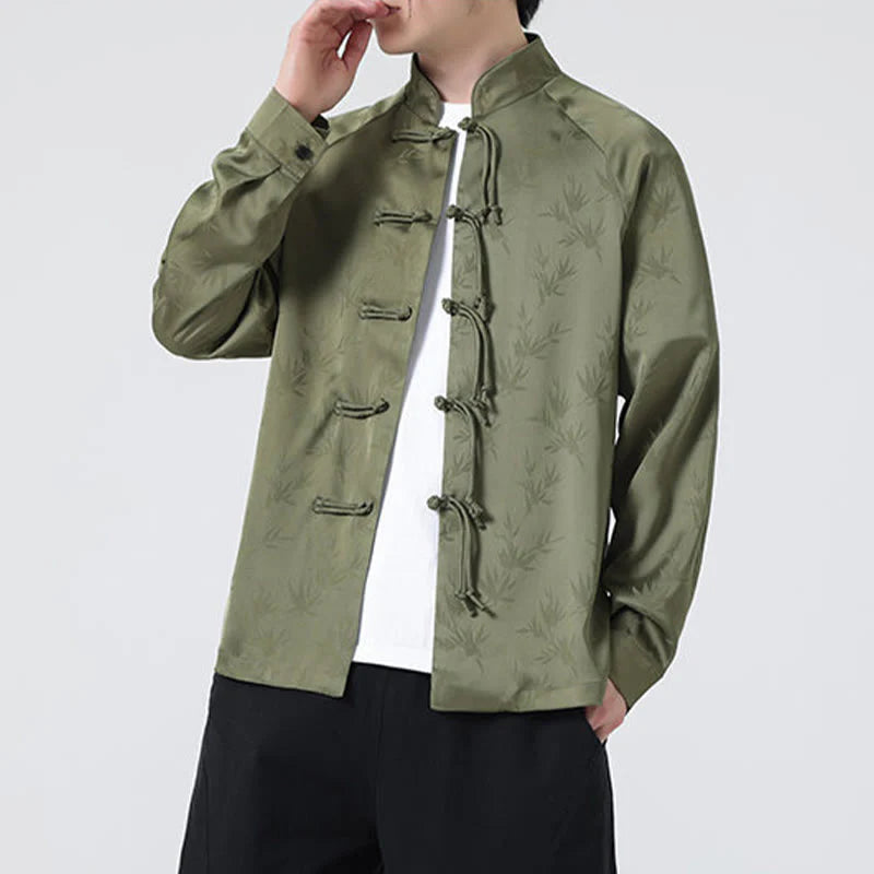 Buddha Stones Spring Jacquard Bamboo Leaves Pattern Chinese Frog-Button Design Men's Long Sleeve Shirt