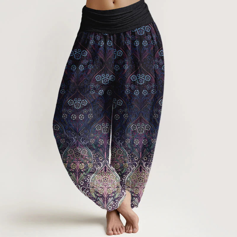 Buddha Stones Pure Cotton Retro Flower Pattern Women's Elastic Waist Harem Pants