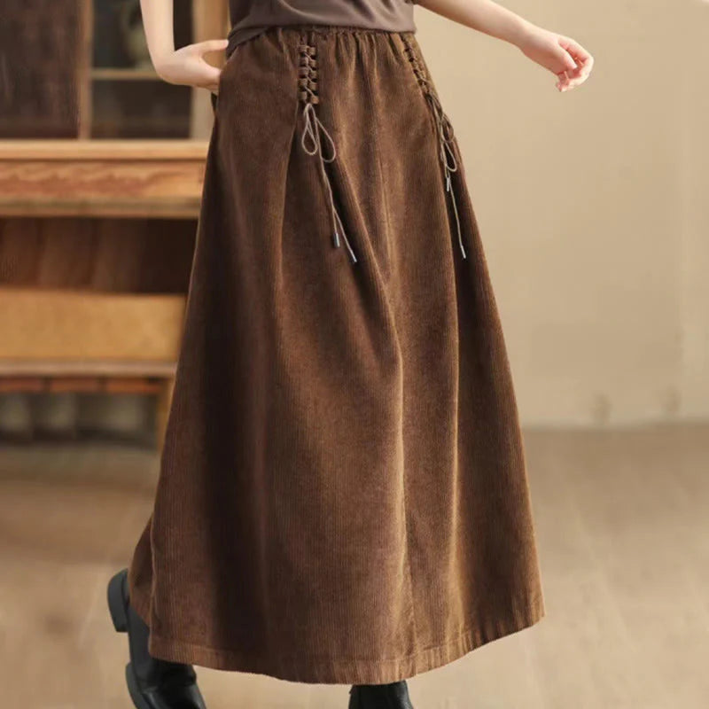 Buddha Stones Women's Plain Corduroy 7-8 Length Skirt With Pockets