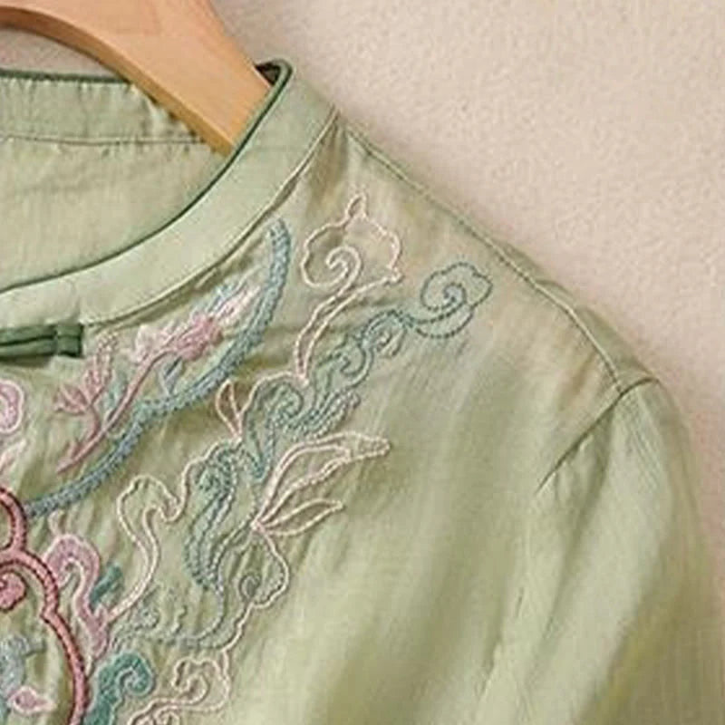 Buddha Stones Casual Retro Embroidery Frog-Button Design Women's Cotton Linen Half Sleeve Shirt