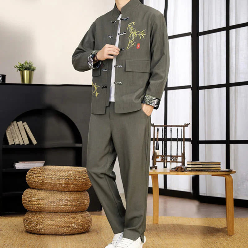 Buddha Stones 2Pcs Tang Suit Bamboo Frog-Button Men's Long Sleeve Shirt Pants Clothing Set