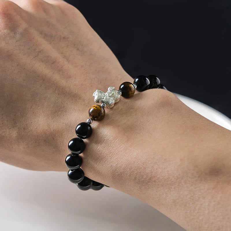 Buddha Stones Year Of The Horse 999 Sterling Silver Horse Charm Black Obsidian Tiger Eye Strength Bracelet