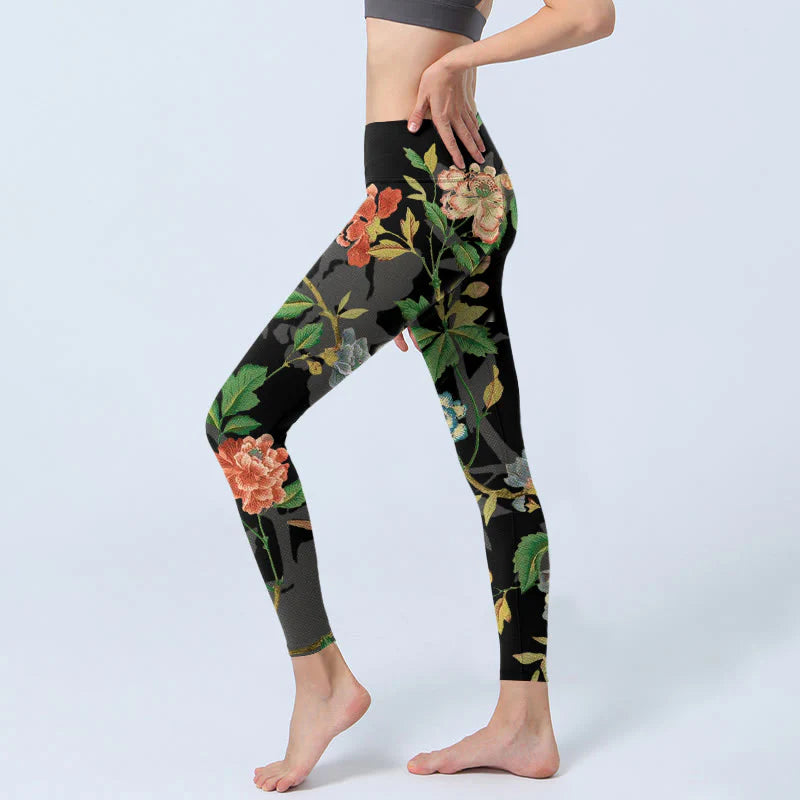 Buddha Stones Classical Flower Leaf Butterfly Bird Pattern Print Gym Leggings Women's Yoga Pants