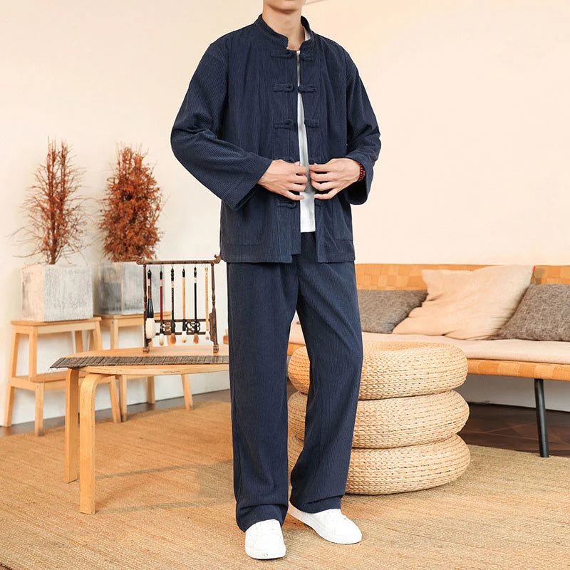 Buddha Stones 2pcs Plain Men's Frog-button Long Sleeve Shirt Pants Cotton Corduroy Set With Pockets