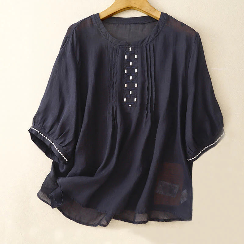 Buddha Stones Embroidery Crew Neck Pleats Women's Cotton Linen Half Sleeve T-shirt