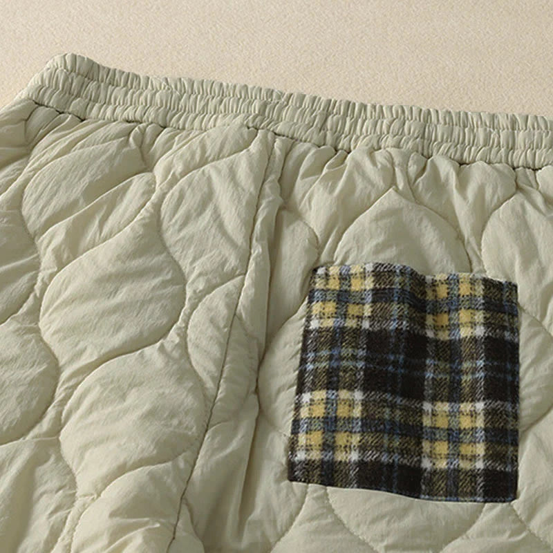 Buddha Stones Winter Curved Lines Elastic Waist Drawstring Patchwork Plaid Cotton Thermal Women's Pants With Pockets