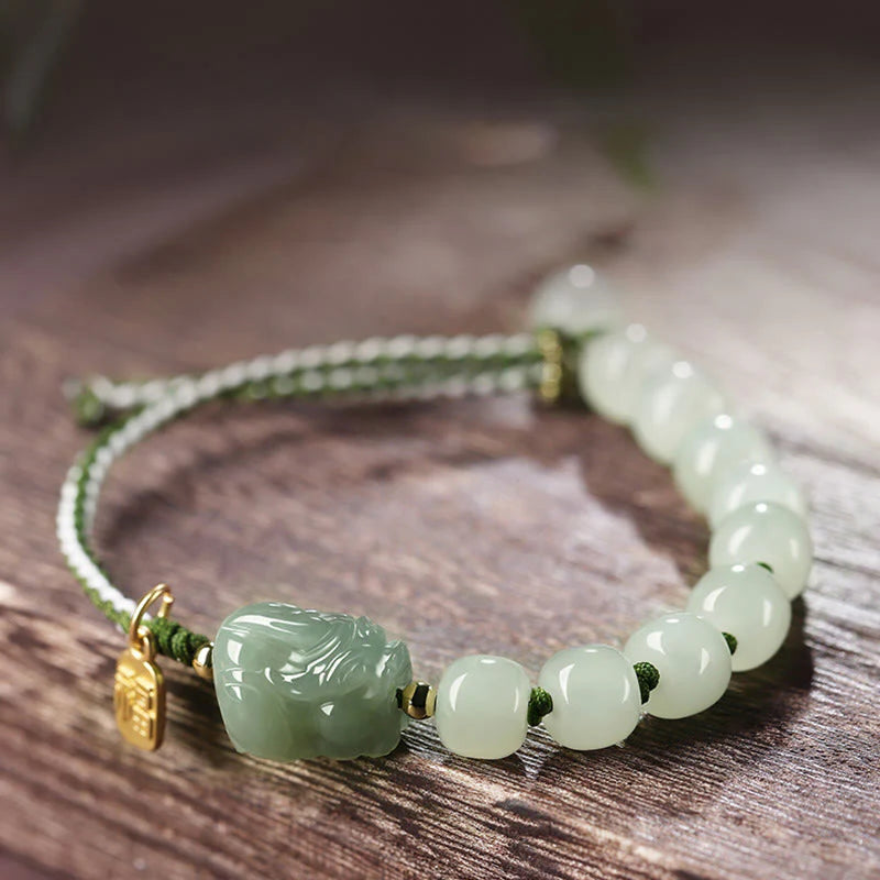 Buddha Stones Natural Hetian Jade PiXiu Luck Fu Character String Bracelet