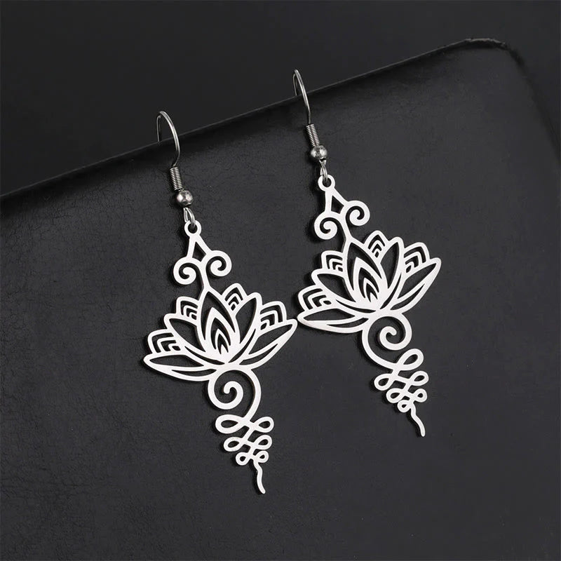 Buddha Stones Hollow Lotus Flower Stainless Steel Enlightenment Metal Drop Earrings