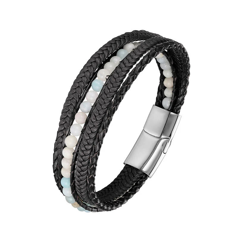 Buddha Stones Hematite Indian Agate Tiger Eye Amazonite Beaded Leather Strengthen Bracelet