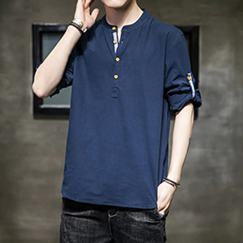 Buddha Stones Summer Solid Men's Half Buttons Half Sleeve Linen Shirt