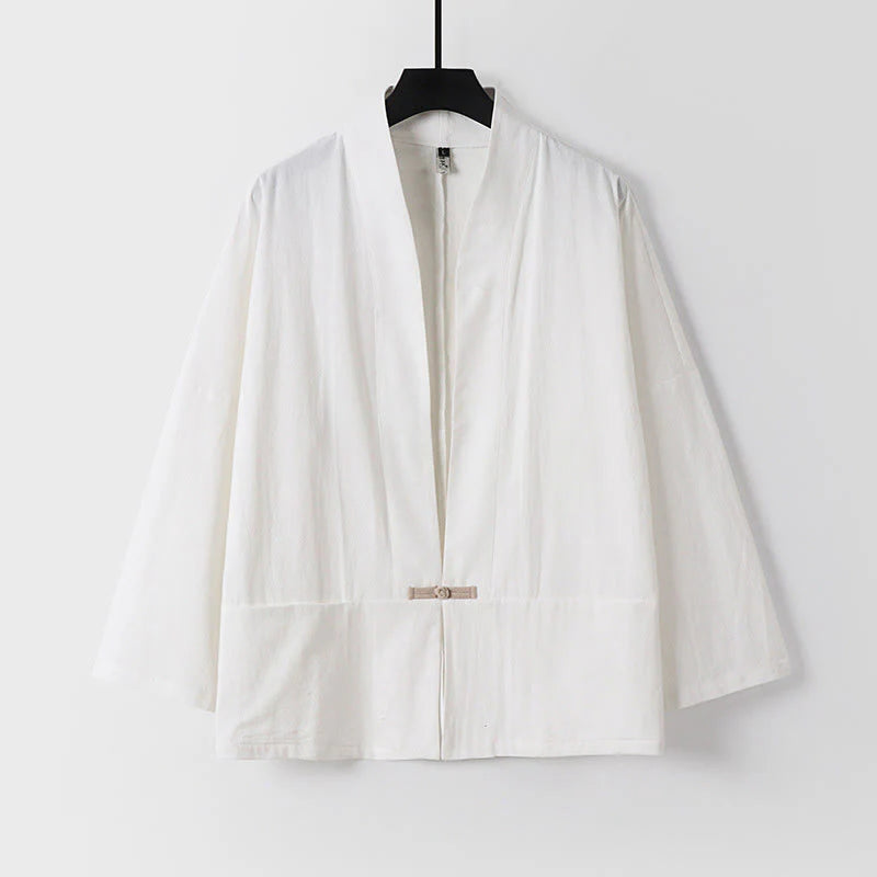 Buddha Stones Long Sleeve Buttons Design Men's Open Front Cotton Linen Jacket Kimono With Pockets