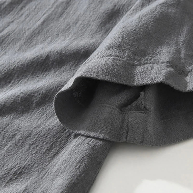 Buddha Stones Casual Buttons Design Stand Collar Men's Short Sleeve Cotton Linen Shirt With Pockets