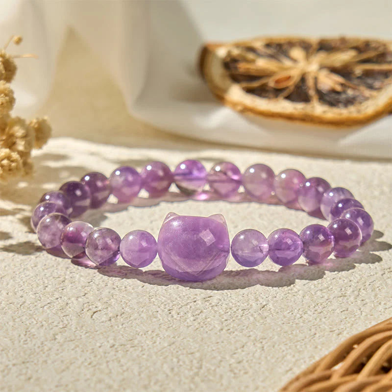 Buddha Stones Wishing You Clarity and Calm Cute Cat Amethyst Bracelet Includes Gift Message Card