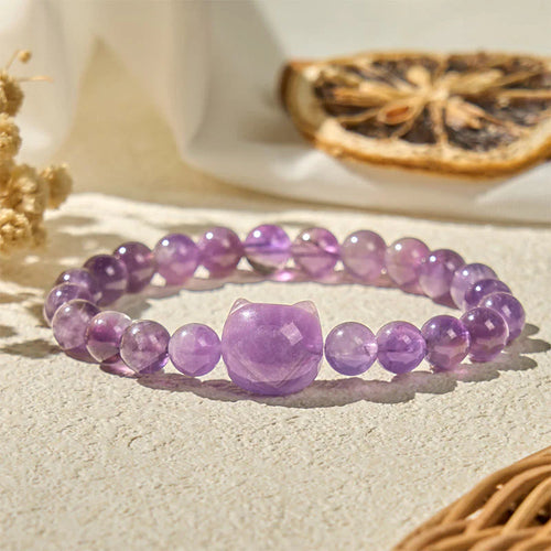Buddha Stones Wishing You Clarity and Calm Cute Cat Amethyst Bracelet Includes Gift Message Card