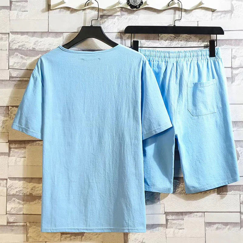 Buddha Stones 2Pcs Short Sleeve T-Shirt Drawstring Short Pants With Pockets Men's Cotton Linen Meditation Cloth Set
