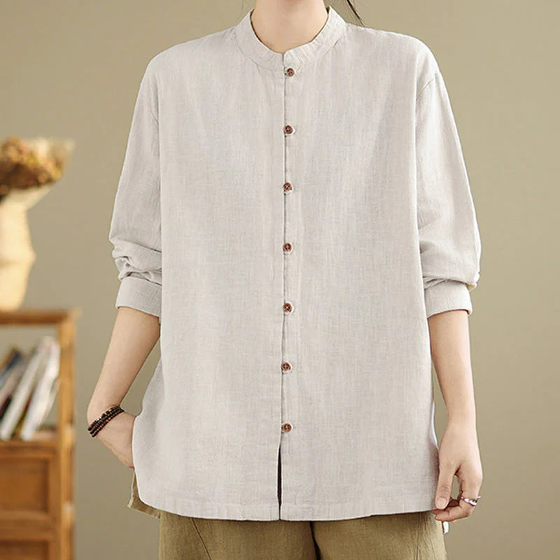 Buddha Stones Solid Color Front Buttons Design Long Sleeve Women's Cotton Linen Shirt