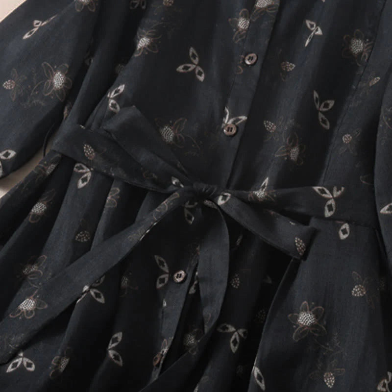 Buddha Stones Summer Printing Floral Button Lace-Up Design Half Sleeve Midi Dress With Pockets