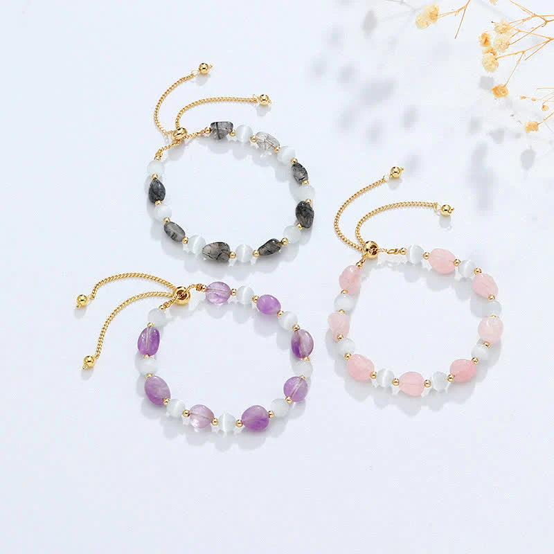 Buddha Stones Amethyst Pink Crystal Black Rutilated Quartz Spiritual Awareness Bracelet